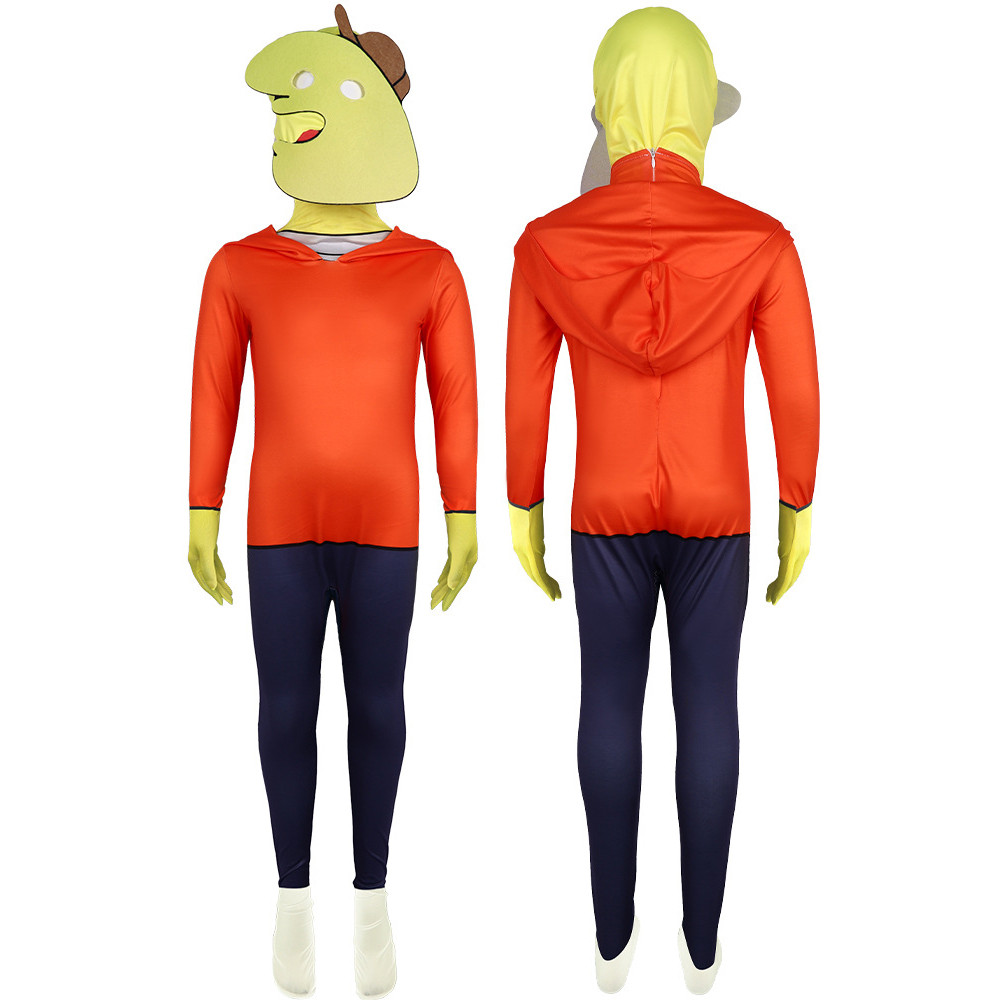 Smiling Friends Charlie Dompler Costume - Orange Bodysuit Mask Set Charlie Dompler Cosplay