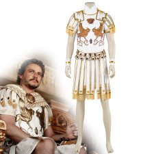 Gladiator 2 General Acacius Pedro Pascal Deluxe Costume - White Gold Shirt Skirt Set General Acacius Cosplay