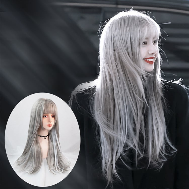 Black Pink Lisa Wig - Long Grey Full Bangs Wig Lisa Manoban Cosplay Costume