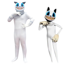 Kids Roblox Trevor Henderson's Cartoon Cat Costume - White Bodysuit Mask Cartoon Cat Cosplay