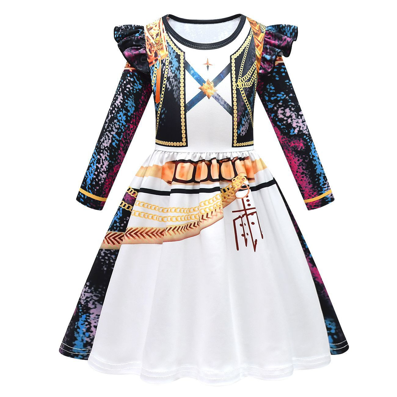 Girls K-Pop Demon Hunters Rumi Costume - Black White Gold Long Sleeved Mini Dress Stage Outfit Rumi Cosplay