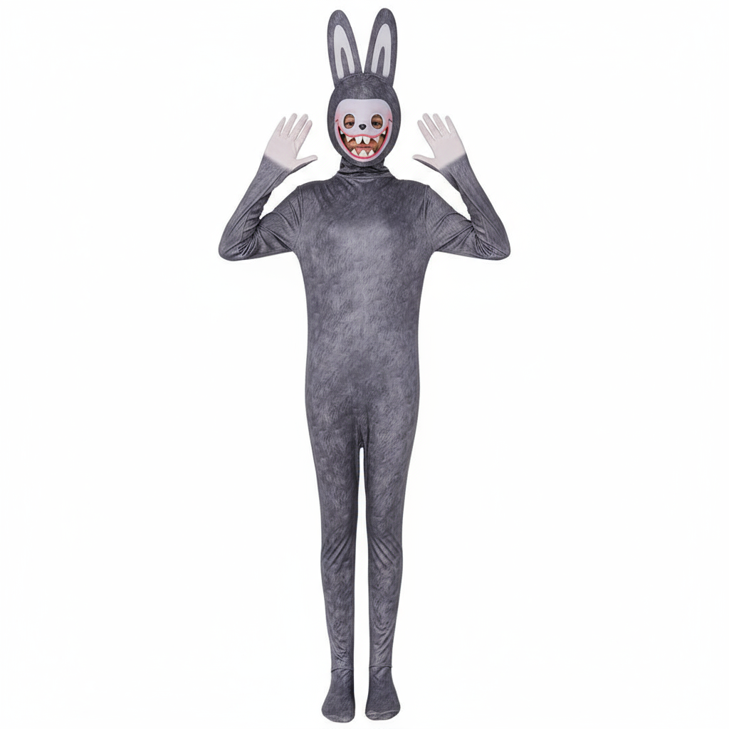 Labubu The Monsters Hidden ID Costume - Grey Bodysuit Mask Set Grey Labubu Cosplay