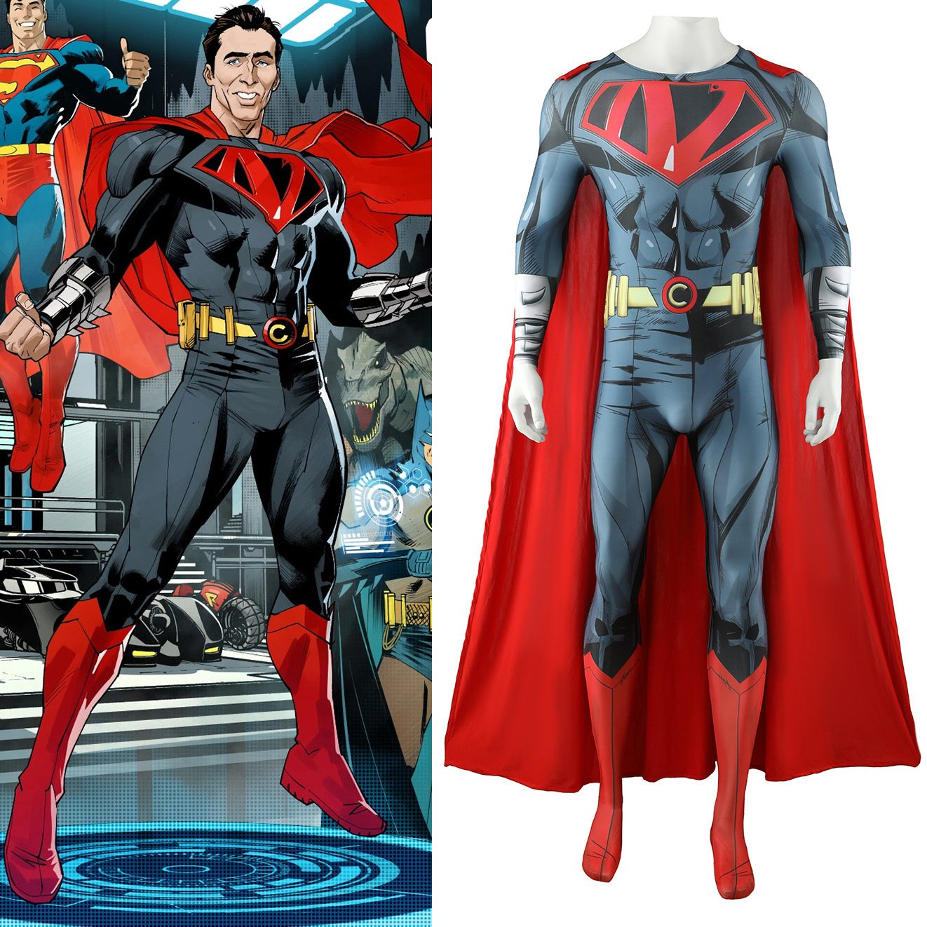Batman Superman: World's Finest Nicolas Cage Superman Costume - Bodysuit Cape Set Nicolas Cage Superman Cosplay