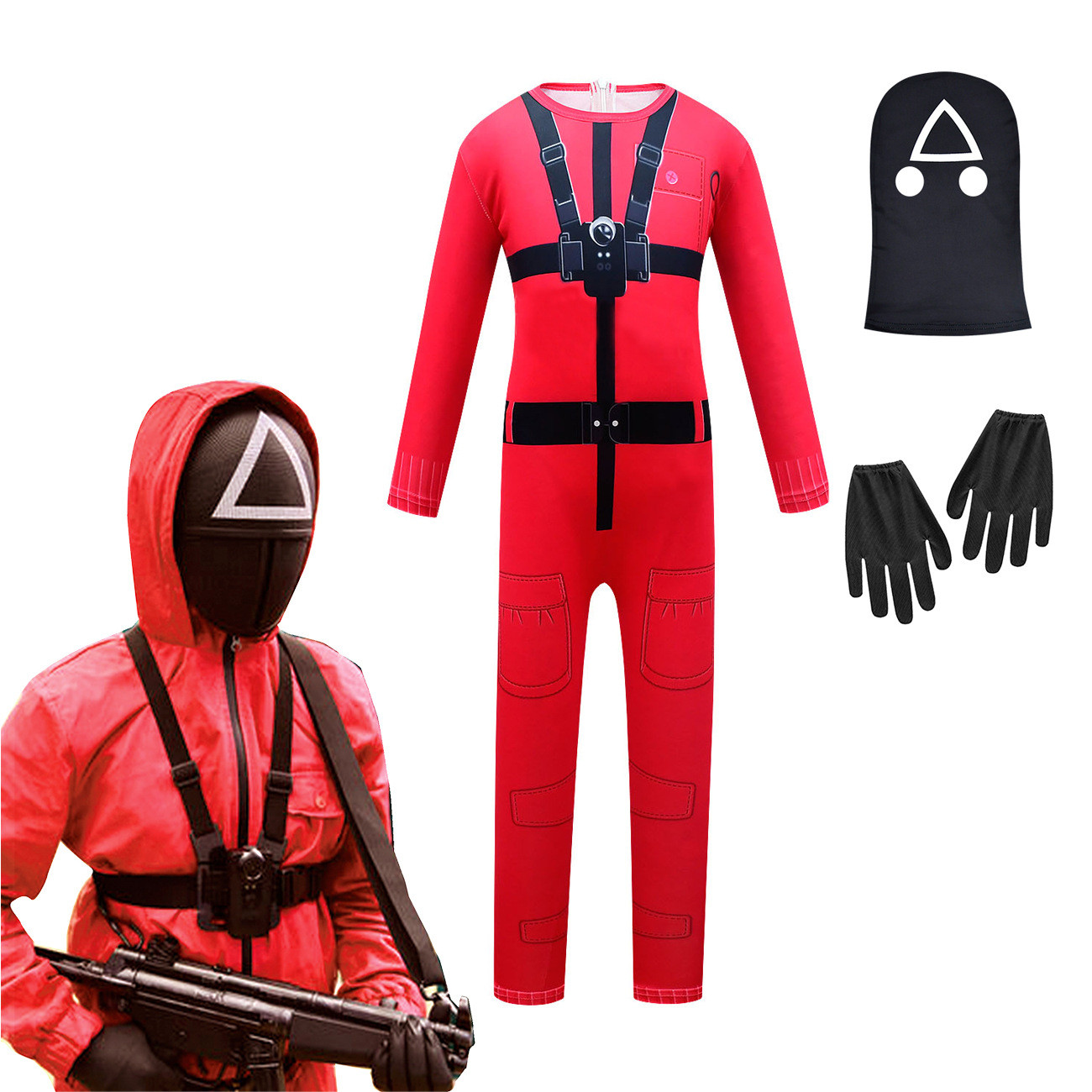 Kids Squid Game Worker Costume - Red Pink Bodysuit Mask Squid Game Worker Cosplay
