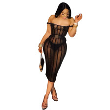 Megan Thee Stallion Costume - Mesh Off Shoulder Bodycon Dress 2023 MTV VMAs Red Carpet Megan Thee Stallion Cosplay