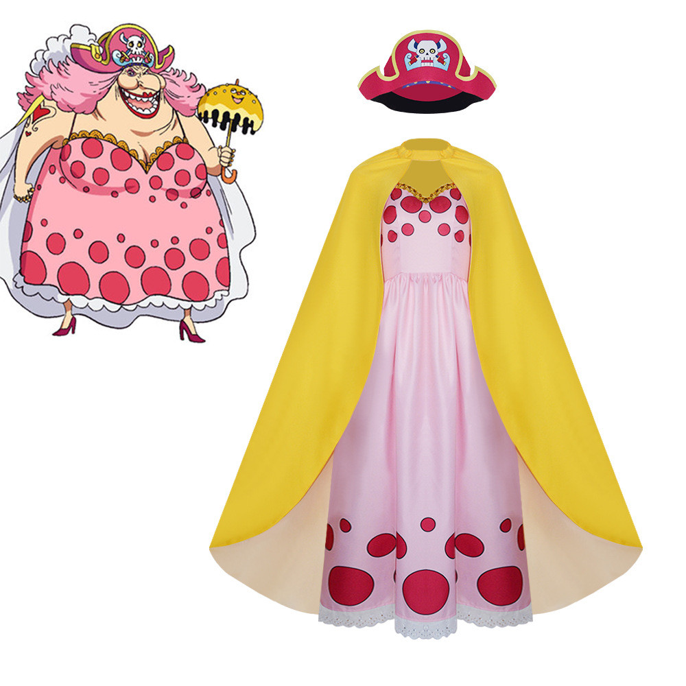 One Piece Charlotte Linlin Costume - Pink Dress Yellow Cape Set Charlotte Linlin Cosplay