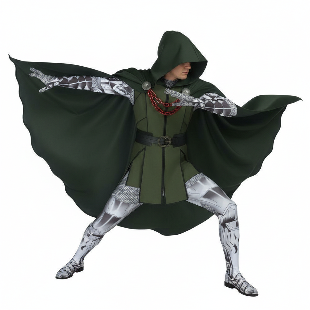 Marvel Dr. Doom Deluxe Costume - Green Vest Cloak Bodysuit Set Dr Doom Cosplay