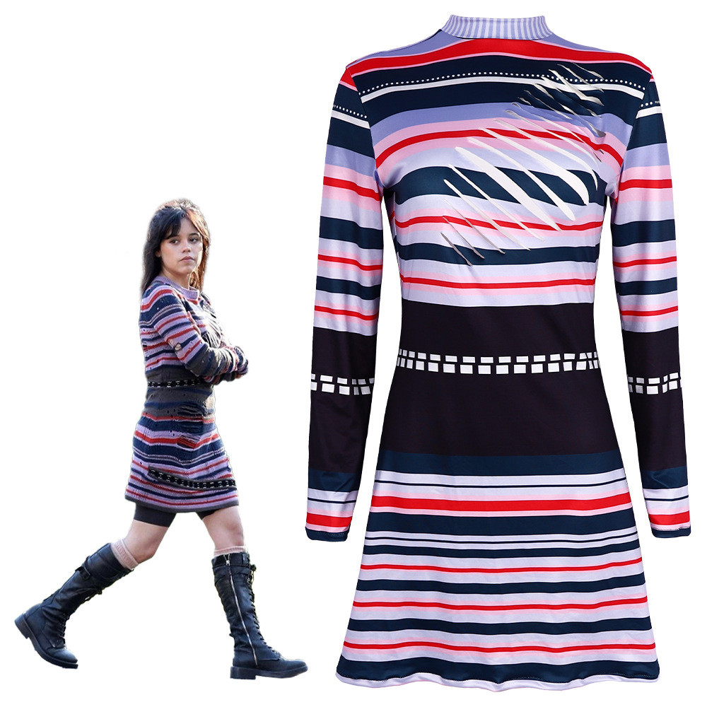 Jenna Ortega Costume - Striped Dress Jenna Ortega Cosplay
