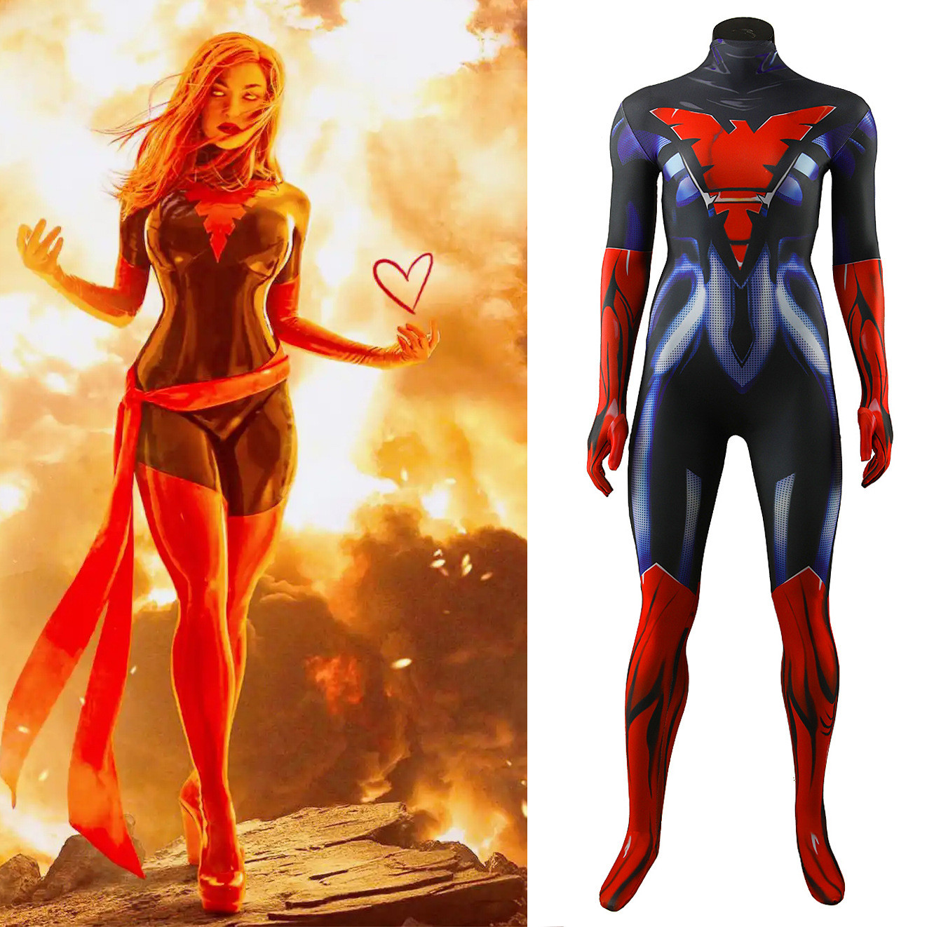 X-Men Phoenix Resurrection Jean Grey Last Phoenix Costume - Blue Red Comic Style Bodysuit Phoenix Cosplay