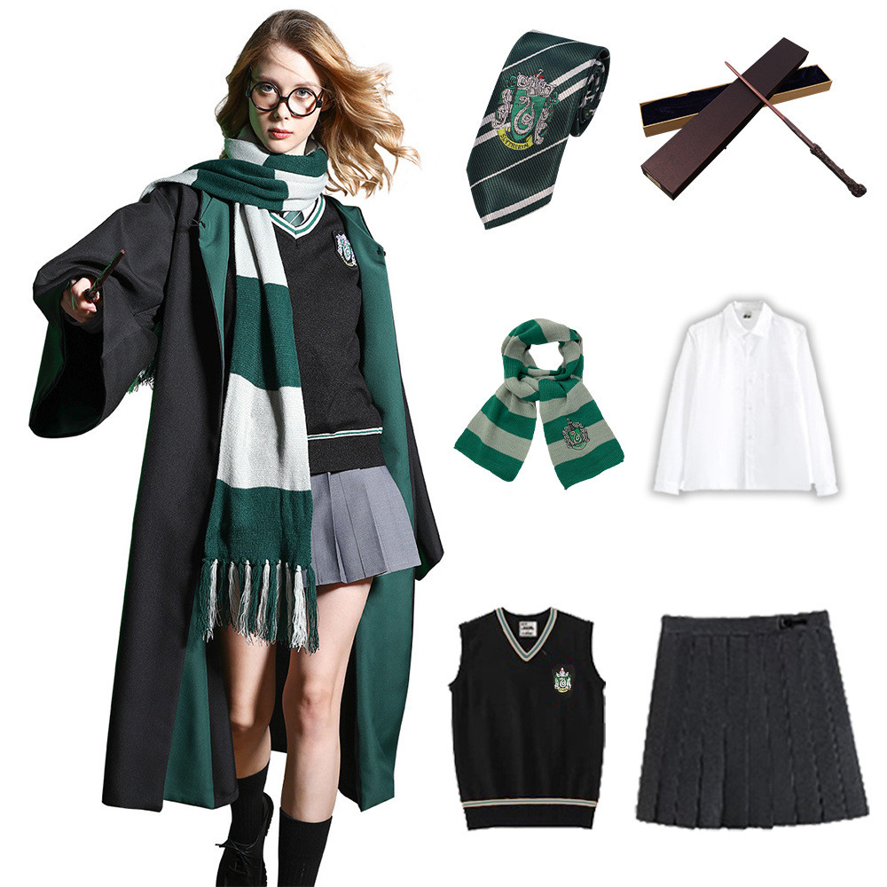 Women and Girls Harry Potter Slytherin Wizard Deluxe Costume - Full Set Including Scarf and Wand Slytherin Cosplay