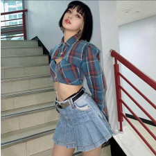 Blackpink Lisa Costume - Blue Plaid Cropped Top Lovesick Girl Lisa Cosplay