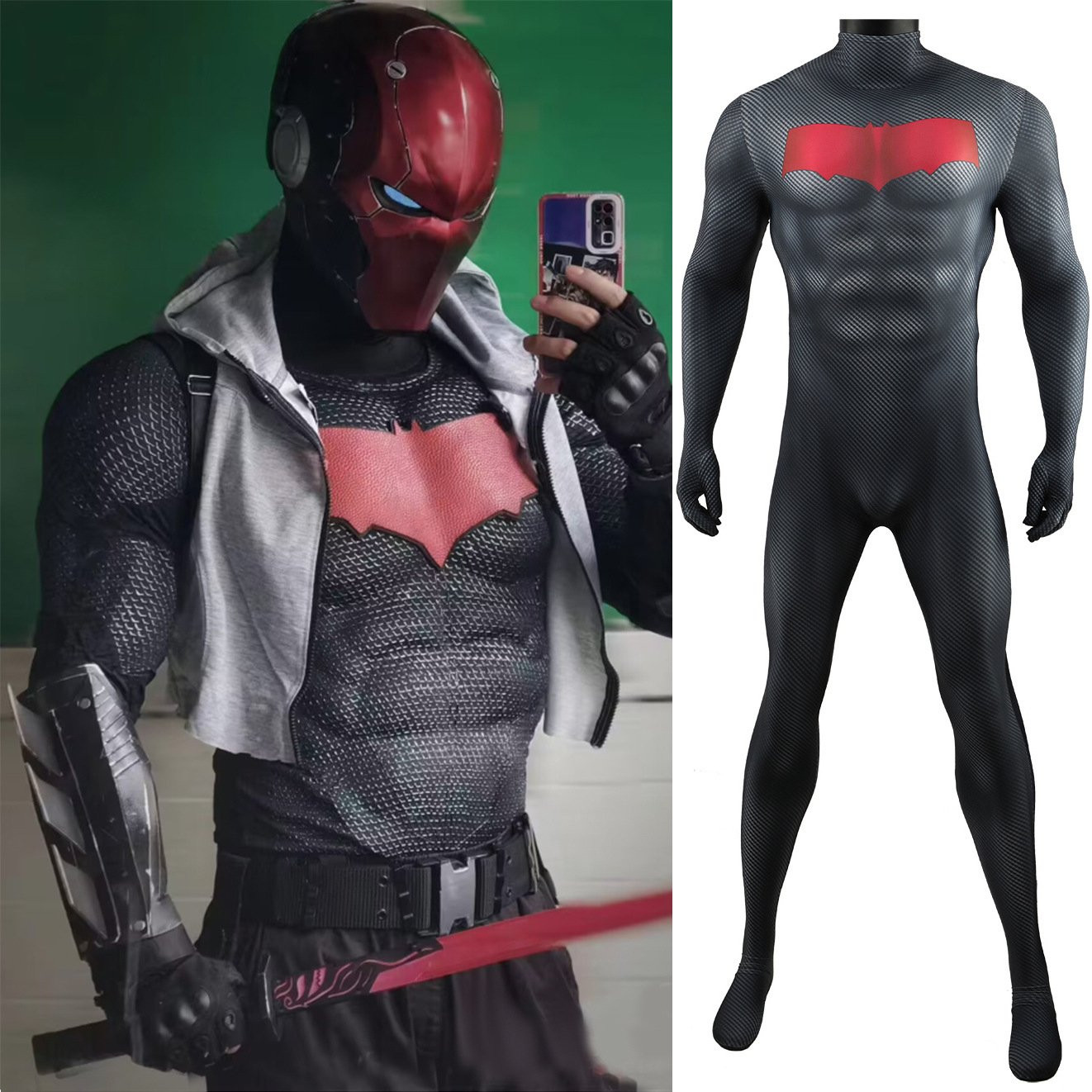 Batman Under the Red Hood Costume - Black Red Bodysuit Red Hood Cosplay