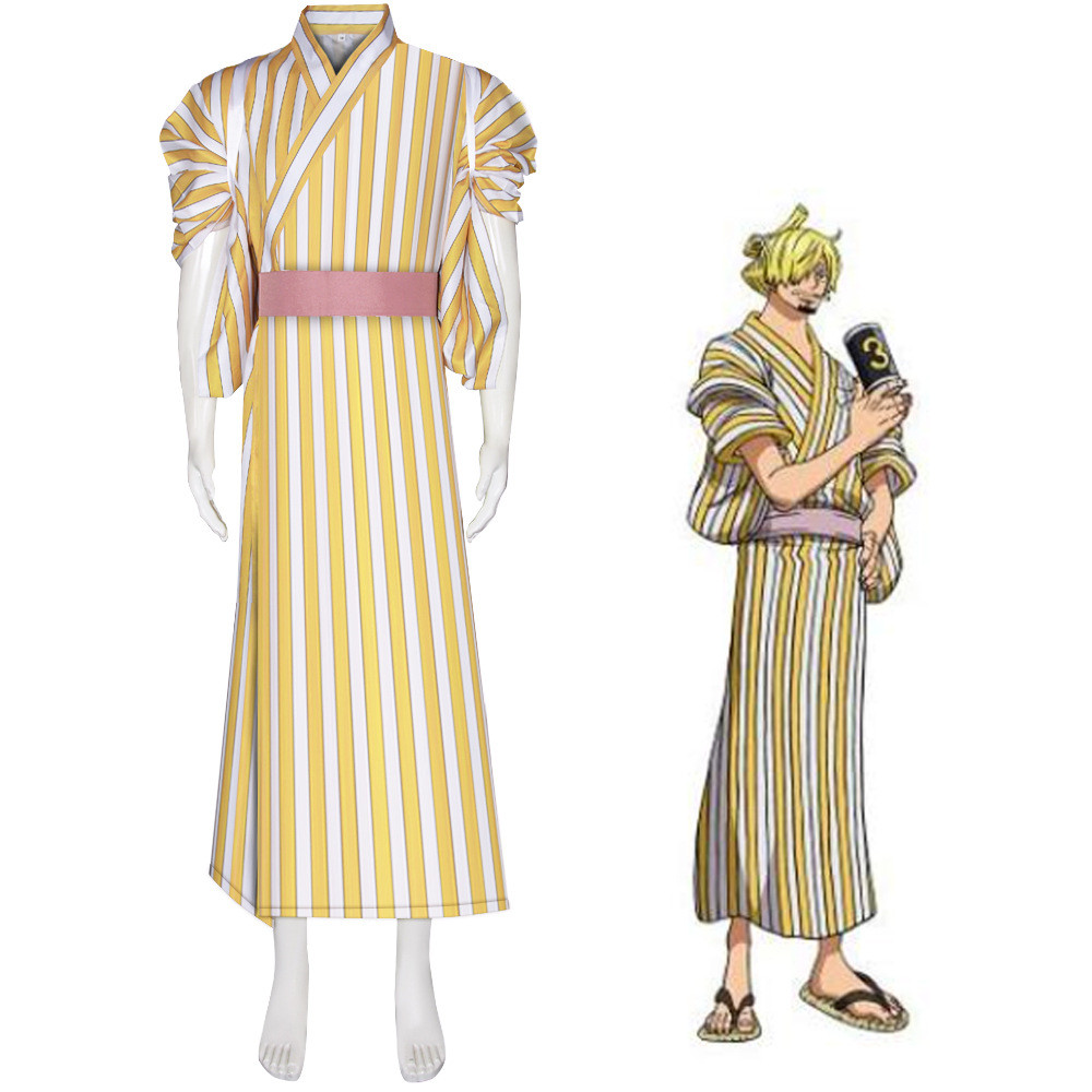 One Piece Sanji Costume - Yellow Striped Kimono Wano Sanji Cosplay