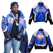Kendrick Lamar Super Bowl Performance Costume - Blue White Black Gloria Biker Jacket Kendrick Lamar Cosplay