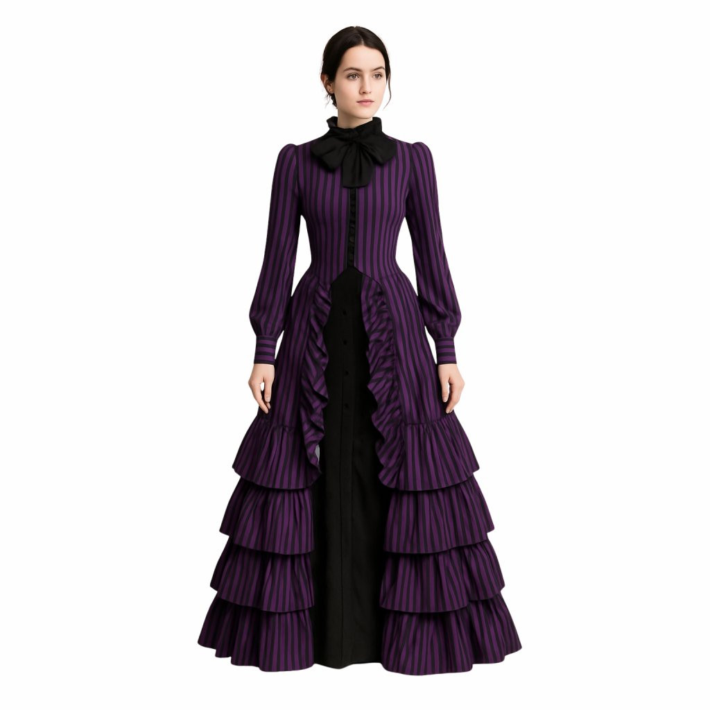 Women Victorian Age Dress Costume - Purple Bow Pleated Dress Victorian Cosplay