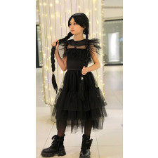 Wednesday Addams Costume - Girls Black Tulle Party Prom Dress Wednesday Series Cosplay