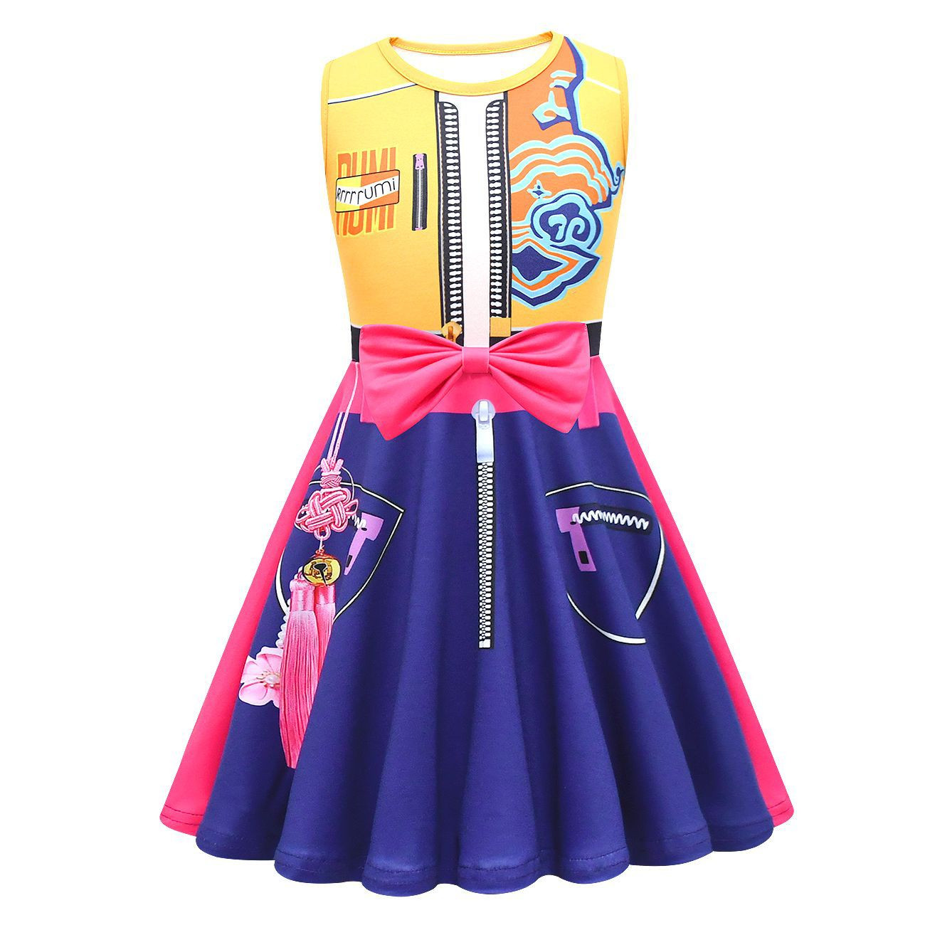Girls K-Pop Demon Hunters Rumi Costume - Yellow Purple Sleeveless Mini Dress Rumi Cosplay