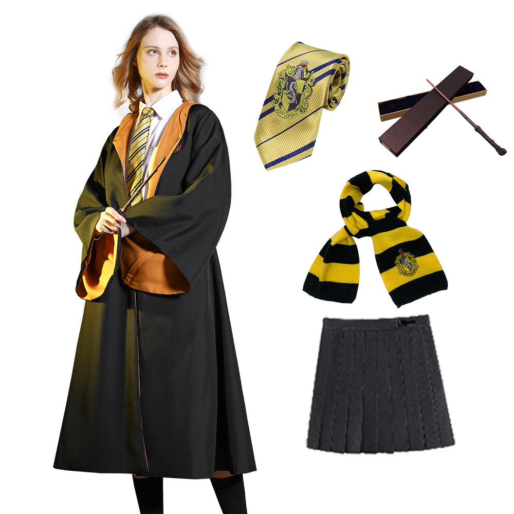 Women and Girls Harry Potter Hufflepuff Wizard Deluxe Costume - Full Set Including Scarf and Wand Hufflepuff Cosplay