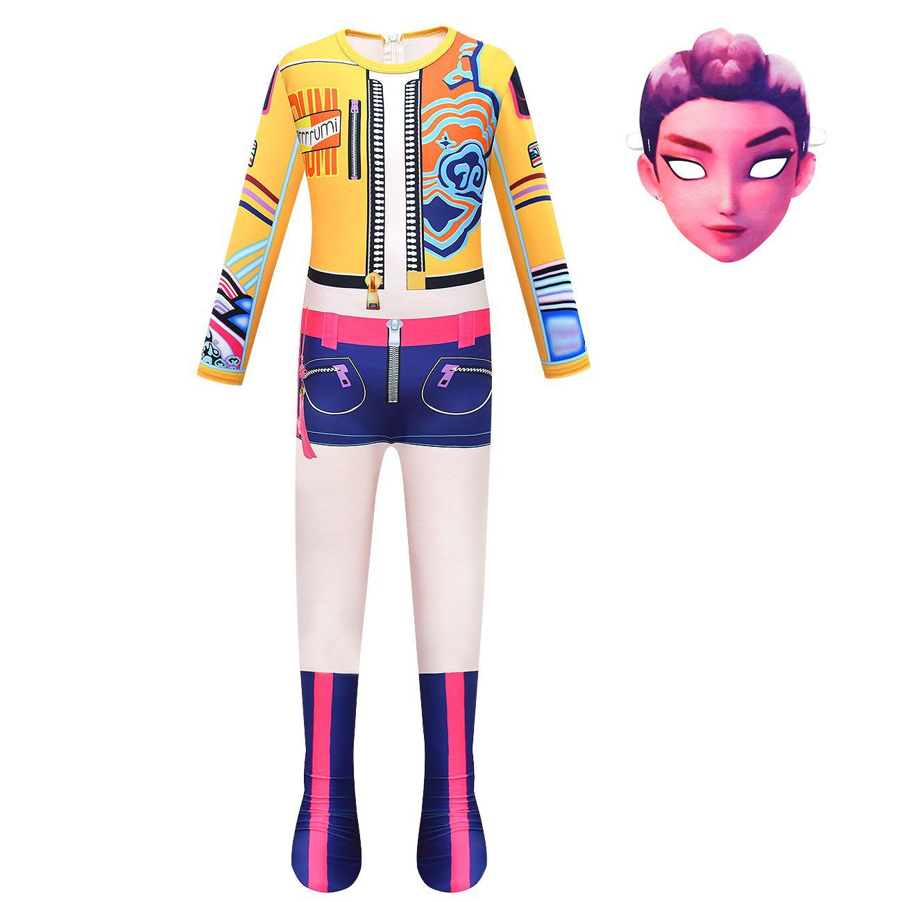 Girls K-Pop Demon Hunters Rumi Costume - Yellow Purple Bodysuit Mask Rumi Cosplay