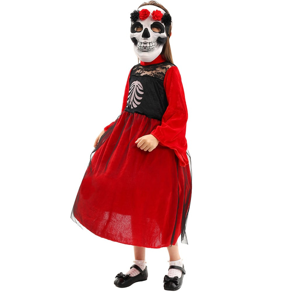 Kids La Catrina Costume - Red Dress Mask Set La Catrina Cosplay