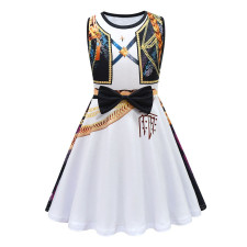 Girls K-Pop Demon Hunters Rumi Costume - Black White Gold Sleeveless Mini Dress Stage Outfit Rumi Cosplay