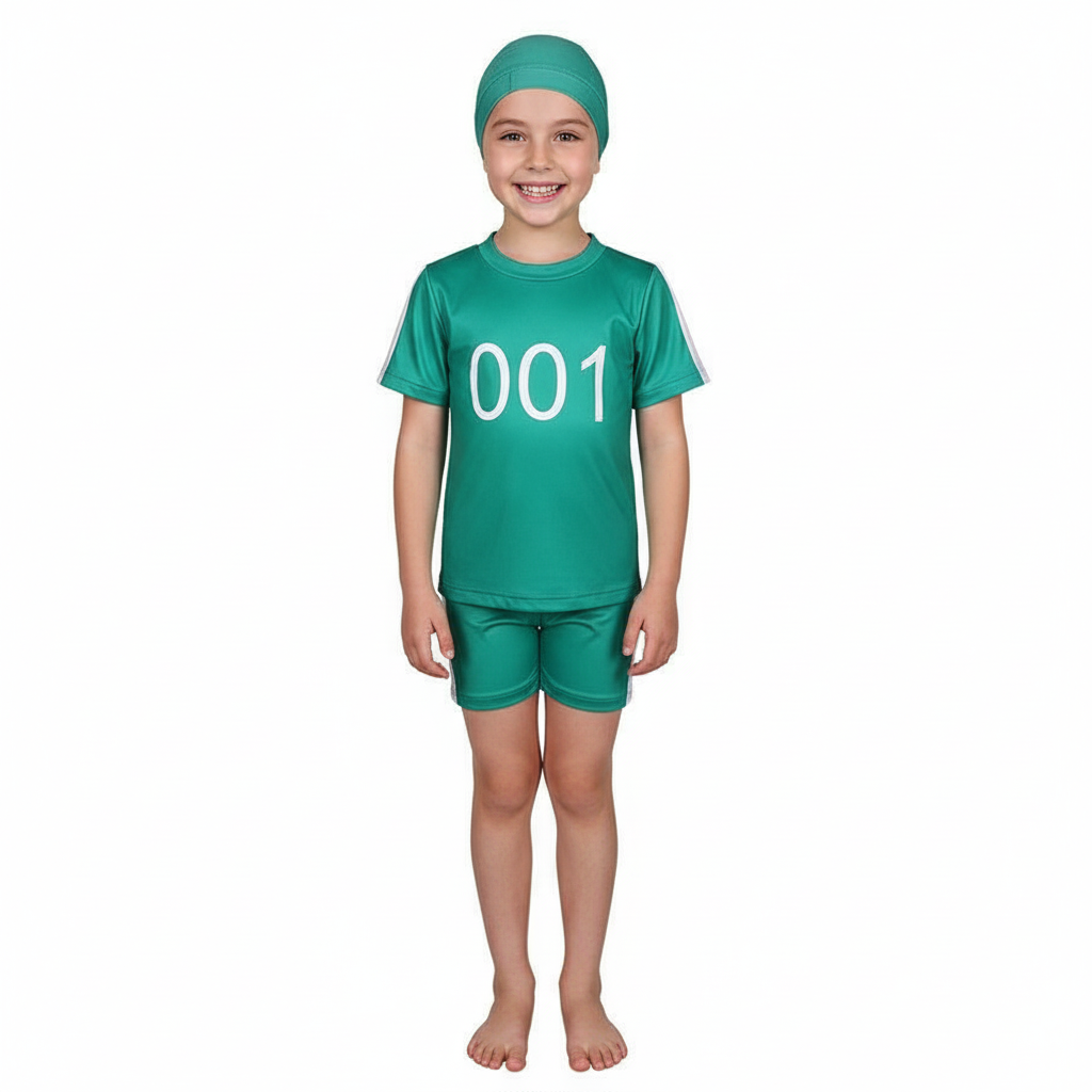 Kids Squid Game 001 Swimsuit Costume - Two Piece Green Swimsuit with Swimming Cap Squid Game Cosplay