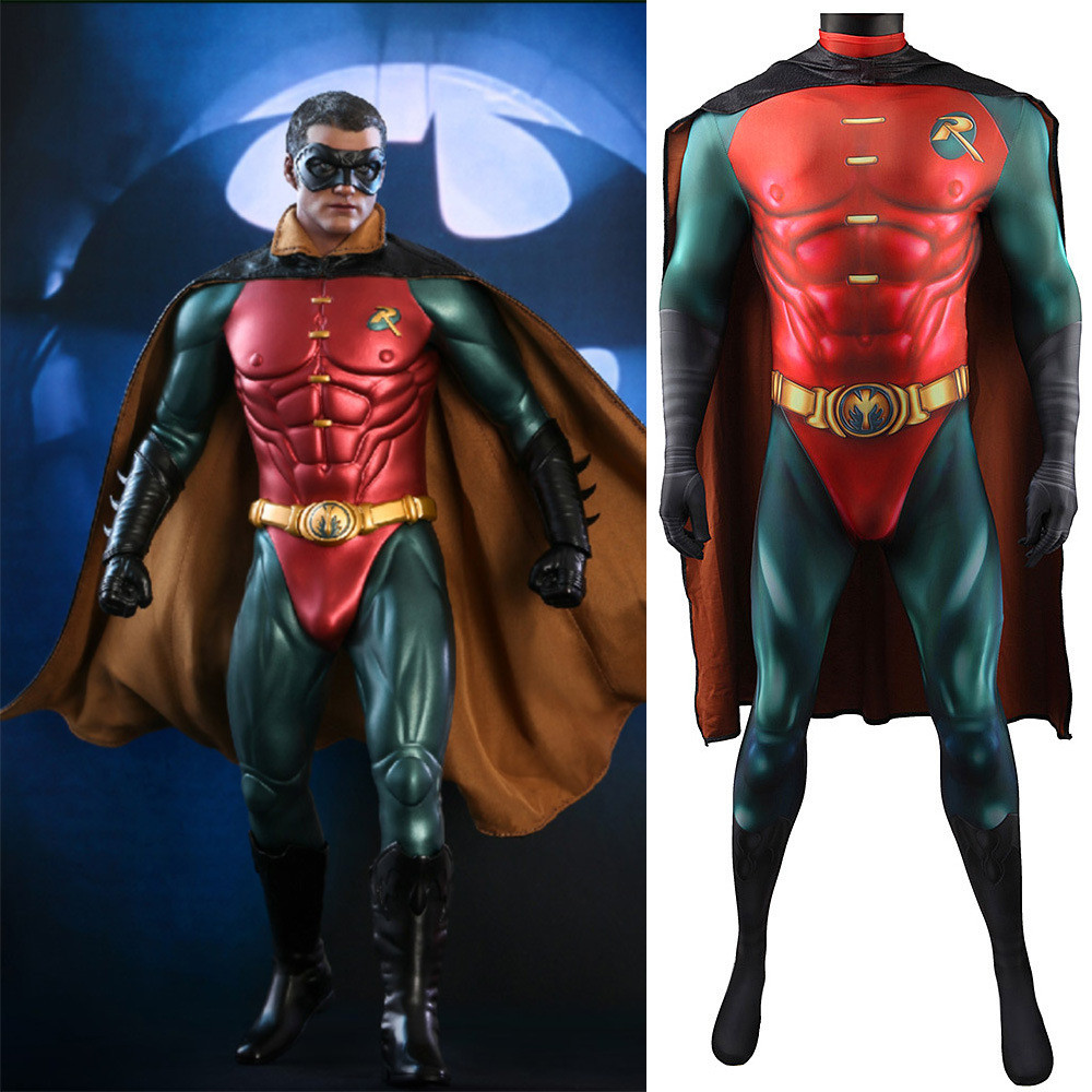 Batman Forever Movie 1995 Robin Chris o'Donnell Costume - Green Red Bodysuit Cape Robin Cosplay