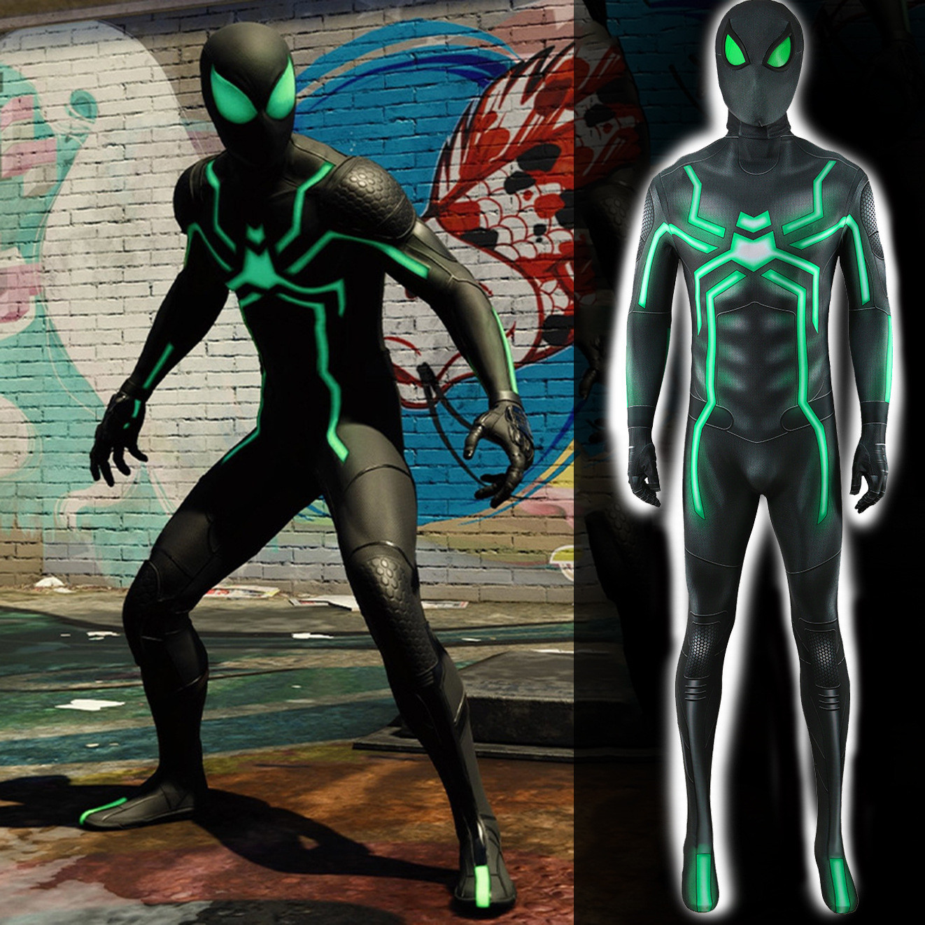 Spider-Man Stealth Suit Costume - Big Time Neon Green Black Bodysuit Stealth Suit Cosplay