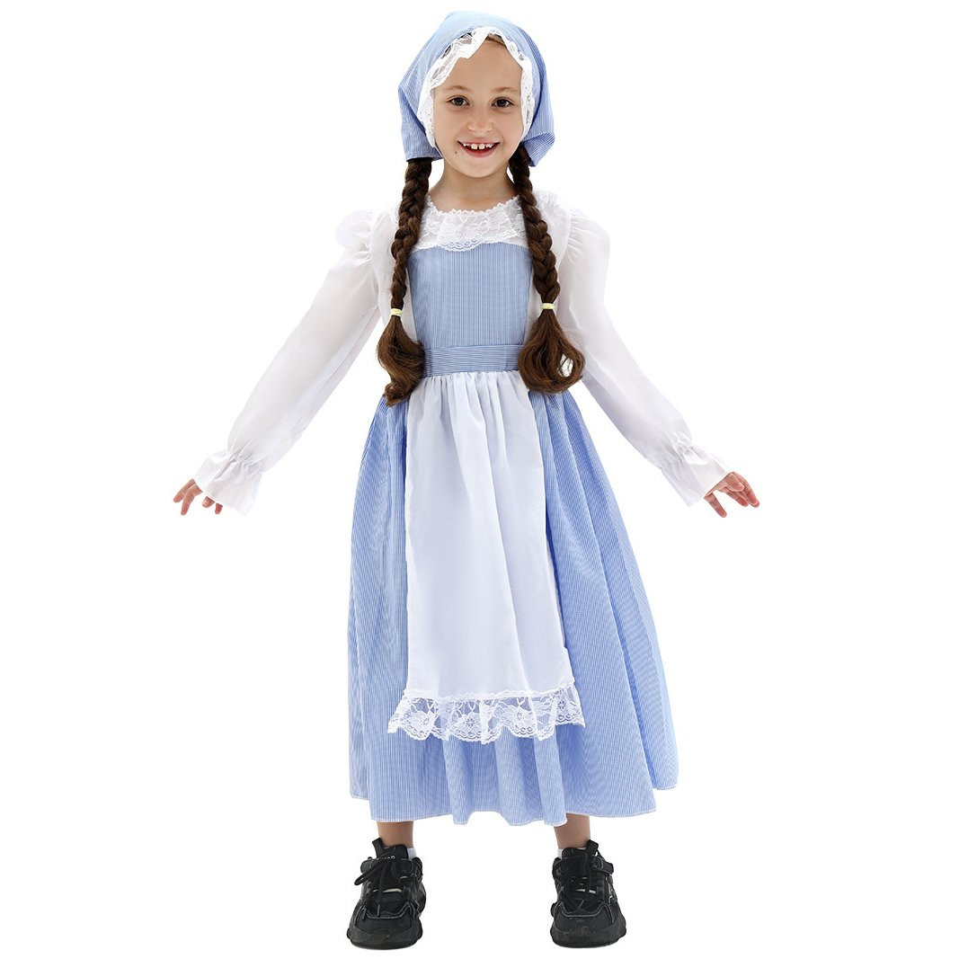 Girls Colonial Pioneer Maid Costume - Long Blue Dress Hat Set Pilgrim Cosplay
