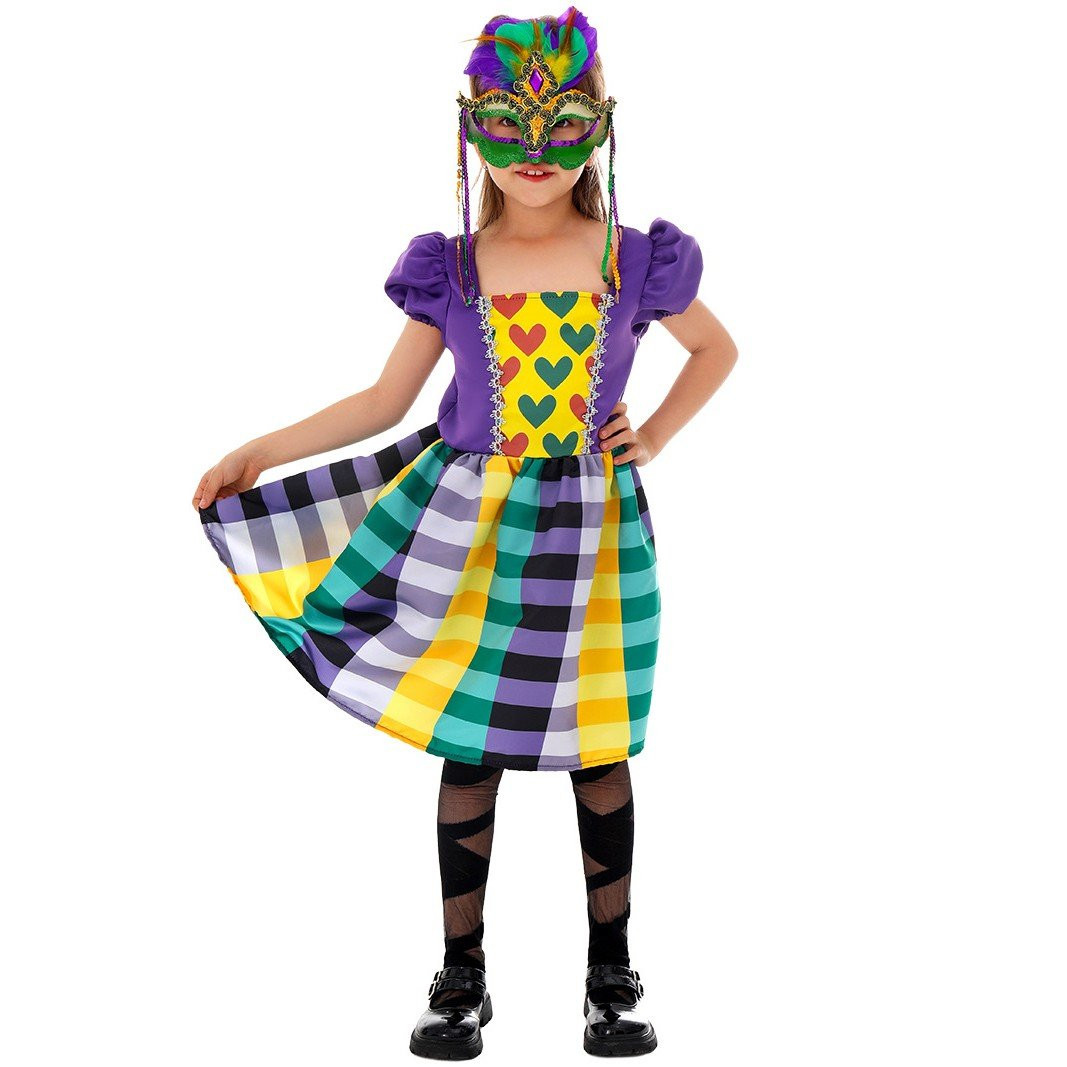 Girls Carnival Costume - Checkered Dress Mask Set Cosplay