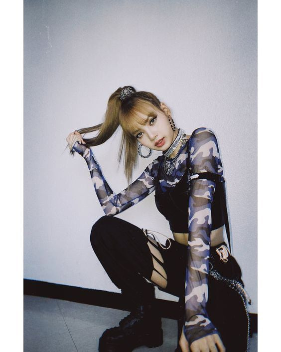 Blackpink Lisa Costume - Black Cut Out Pants Camouflage Mesh Shirt Ddu-Du Ddu-Du Lisa Cosplay