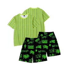 Billie Eilish Costume - Billie Eilish Concert Green Oversize Shirt Monogram Print Short Sleeve T-Shirt and Shorts Billie Eilish Cosplay