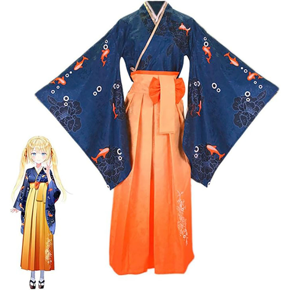 Watson Amelia Hololive Costume - Blue Orange Kimono Watson Amelia Cosplay