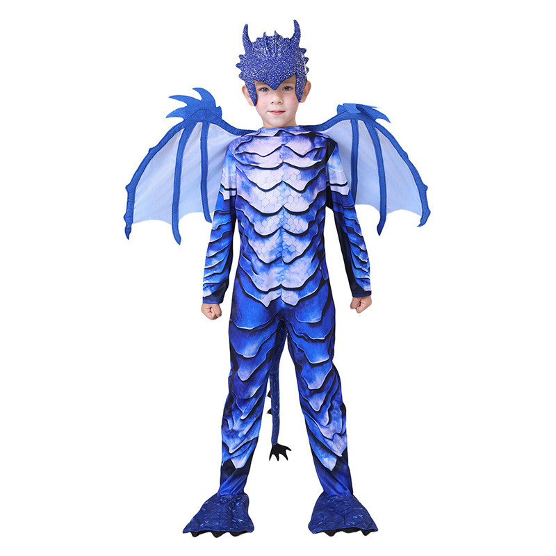 Kids Blue Frost Dragon Costume - Bodysuit Mask Set Blue Dragon Cosplay