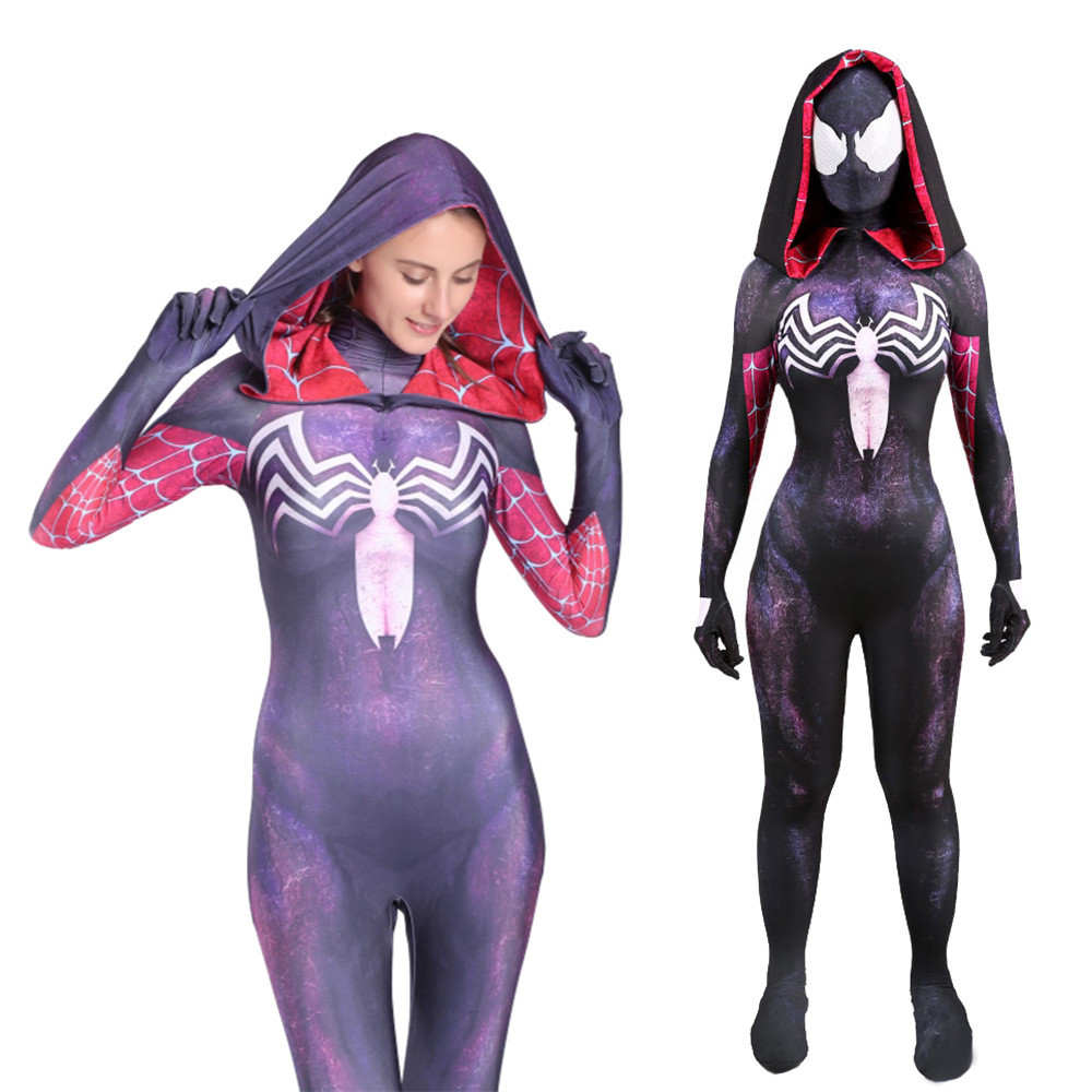 Marvel Comics Spider-Gwen Symbiote Black Costume - Black Purple Bodysuit Hood Spider-Gwen Cosplay