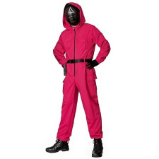 Kids and Adults Squid Game Masked Worker Costume - Pink Red Jumpsuit Mask Set Masked Worker Cosplay