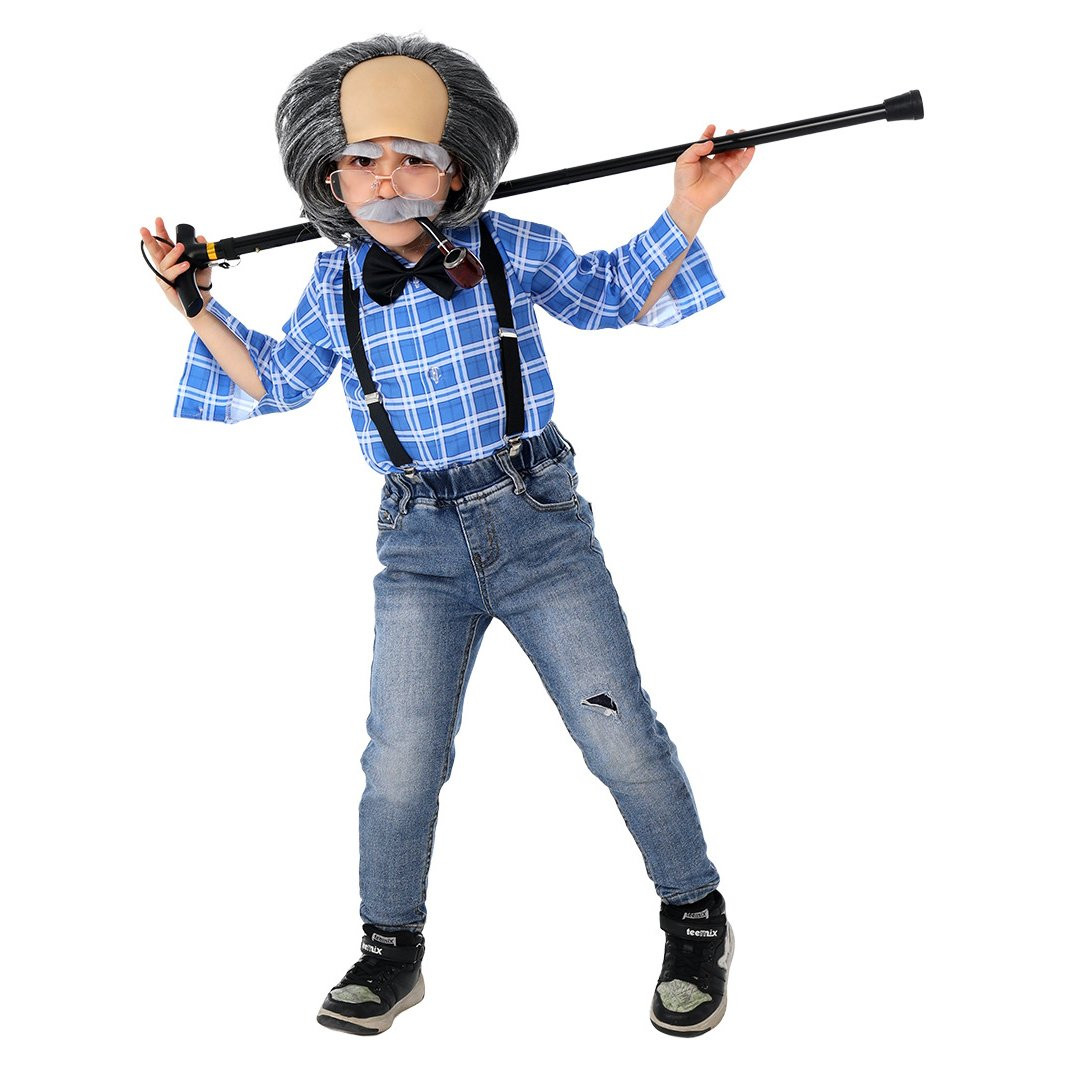 Boys Grandfather Old Man Grandpa Costume - Full Set with Cane and Wig Grandfather Cosplay