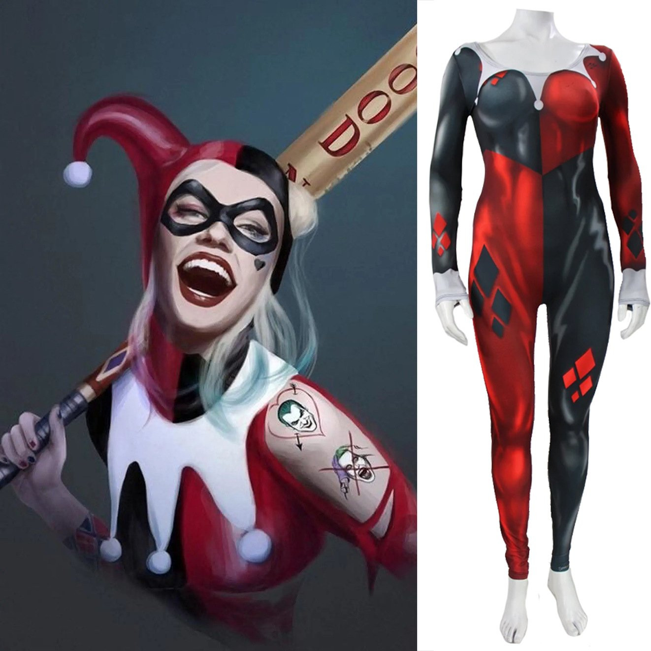 DC Comics Classic Harley Quinn Costume - Bodysuit Classic Harley Quinn Cosplay