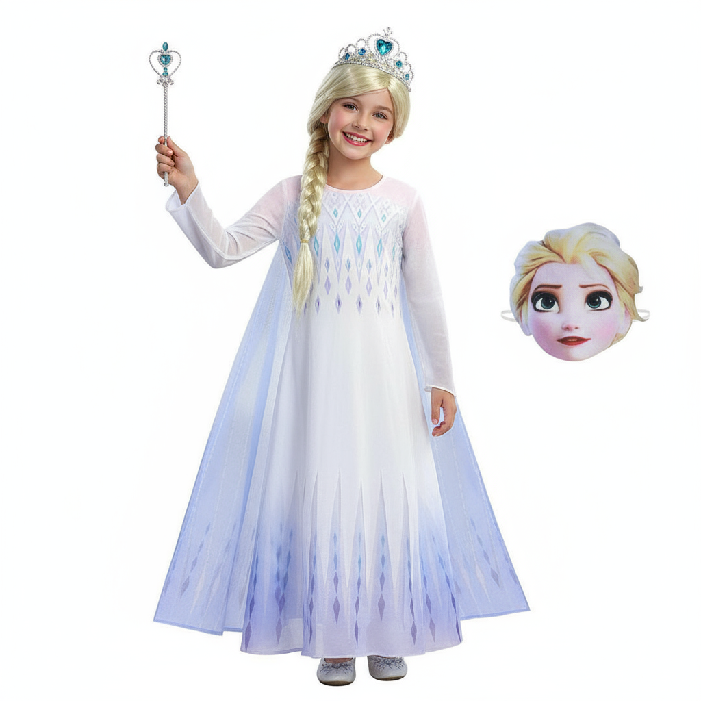 Girls Frozen Princess Elsa Costume - Dress Wig Mask Accessories Full Set Elsa Cosplay