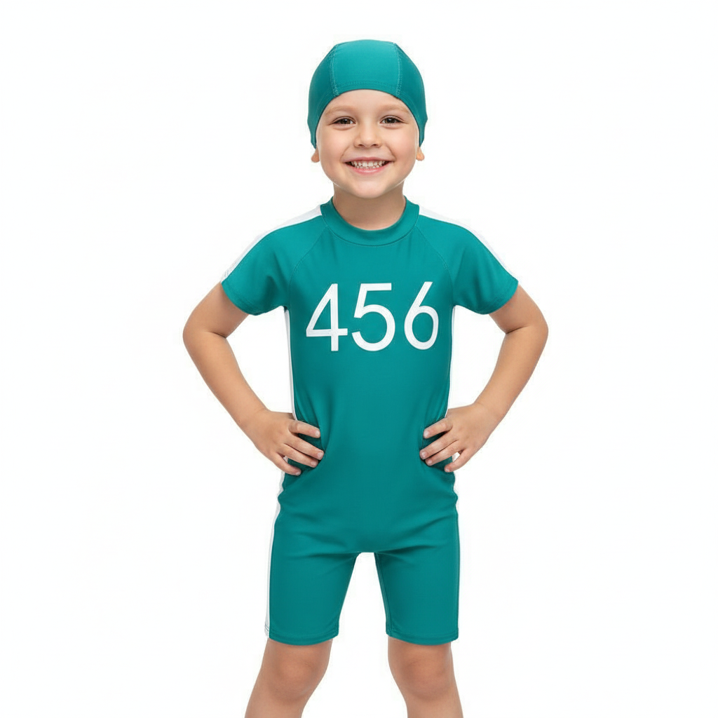 Kids Squid Game 456 Swimsuit Costume - One Piece Green Swimsuit with Swimming Cap Squid Game Cosplay
