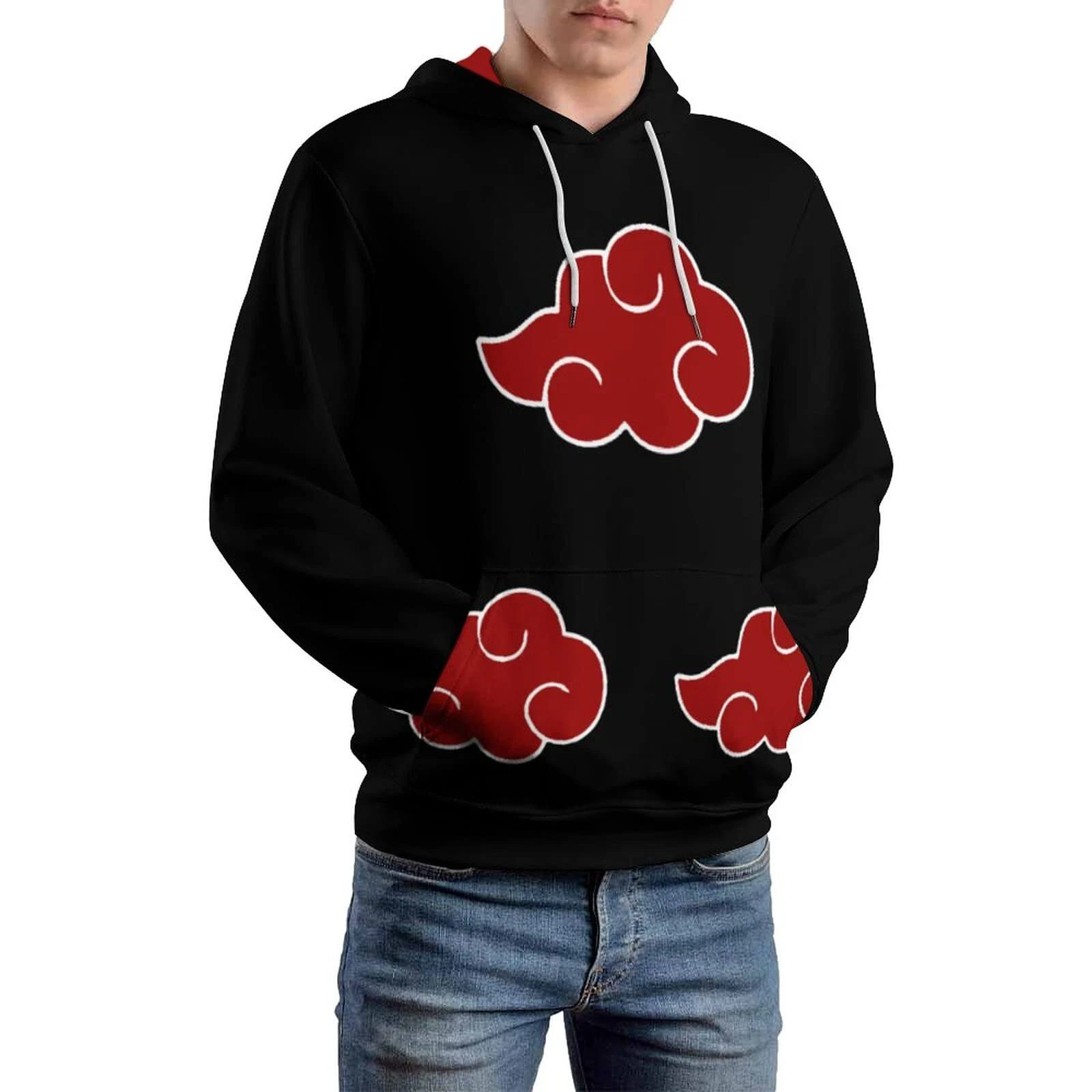 Naruto Shippiden Akatsuki Costume - Black Hoodie Red Cloud Akatsuki Cosplay