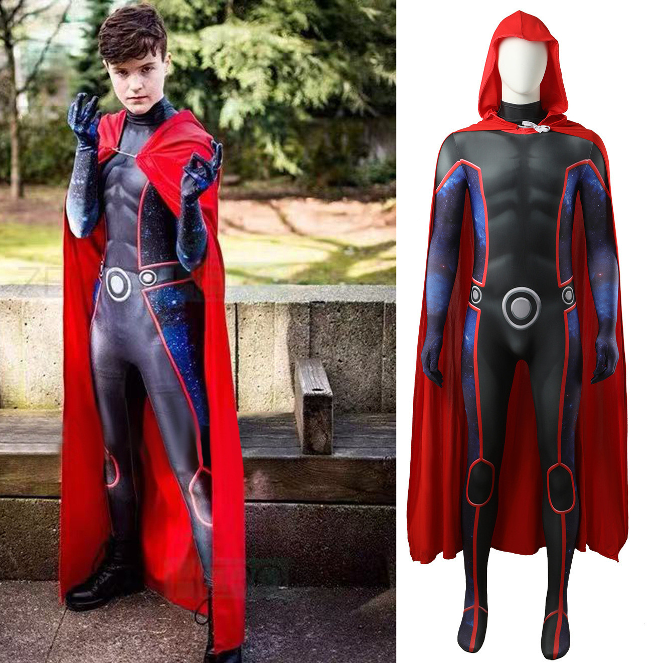 Young Advengers Wiccan Billy Kaplan Costume - Red Blue and Black Bodysuit Cape Set Wiccan Cosplay