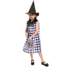 Girls Witch Costume - Plaid Dress Hat Set Witch Cosplay