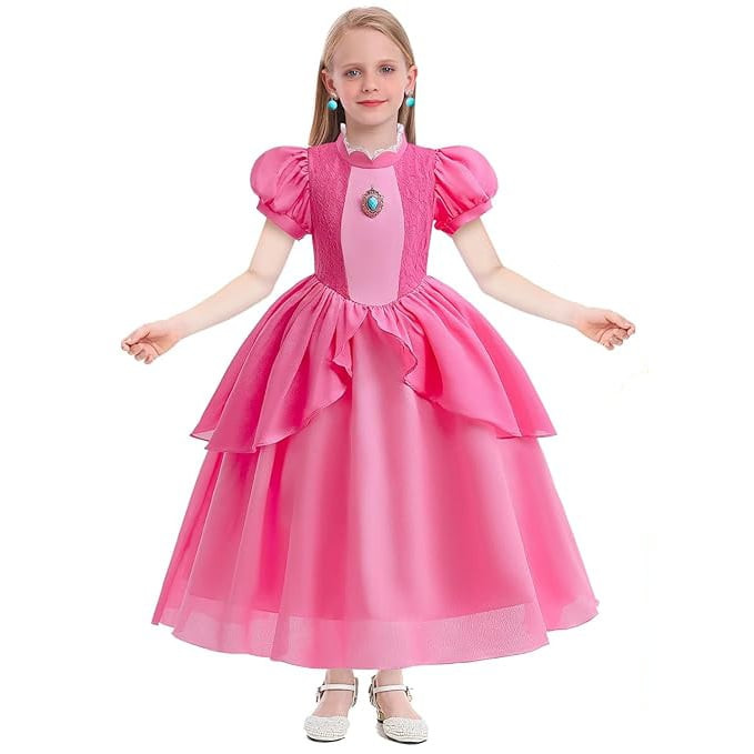Girls Super Mario Bros Princess Peach Costume - Pink Dress Princess Peach Cosplay