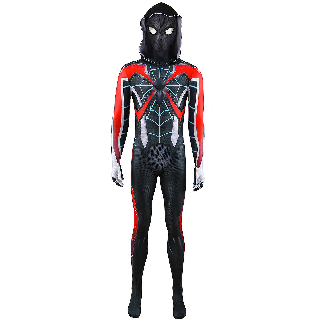 Spider-Man 2 Miles Morales Evolved Suit Style 2 Costume - Black Bodysuit Hood Mask Set Miles Morales Spider-Man Cosplay