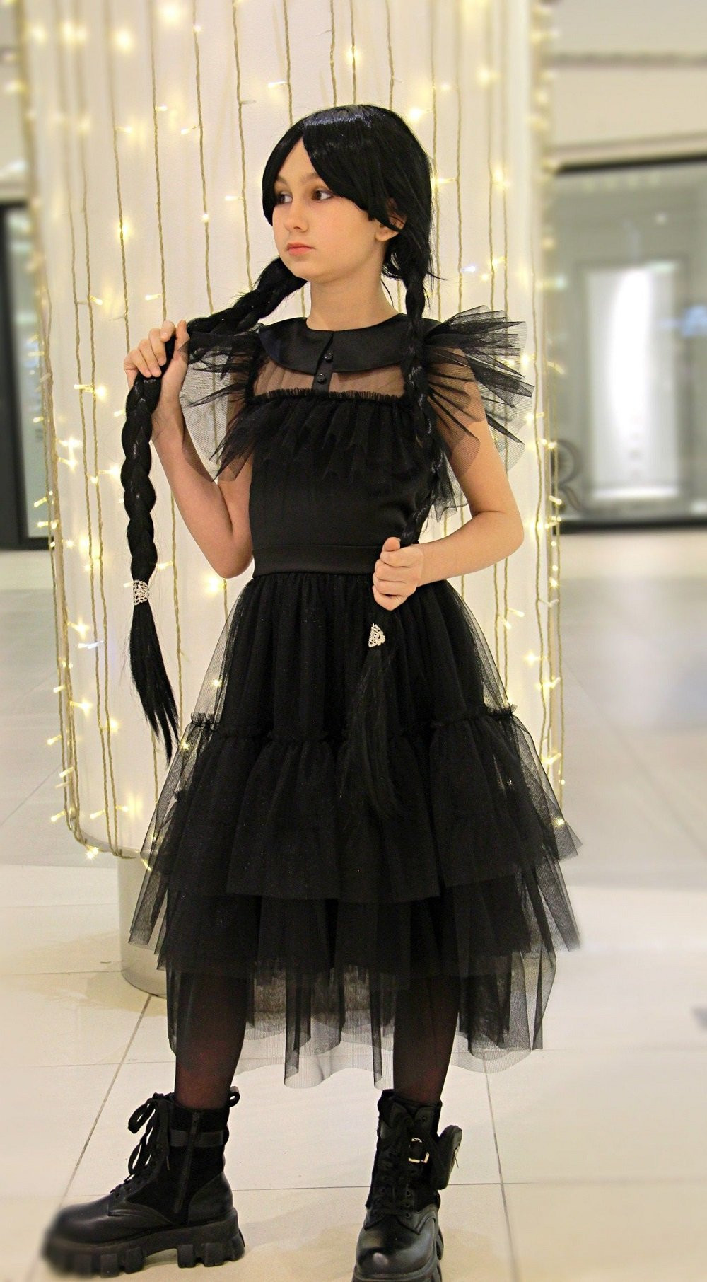 Wednesday Addams Costume - Girls Black Tulle Party Prom Dress Wednesday Series Cosplay