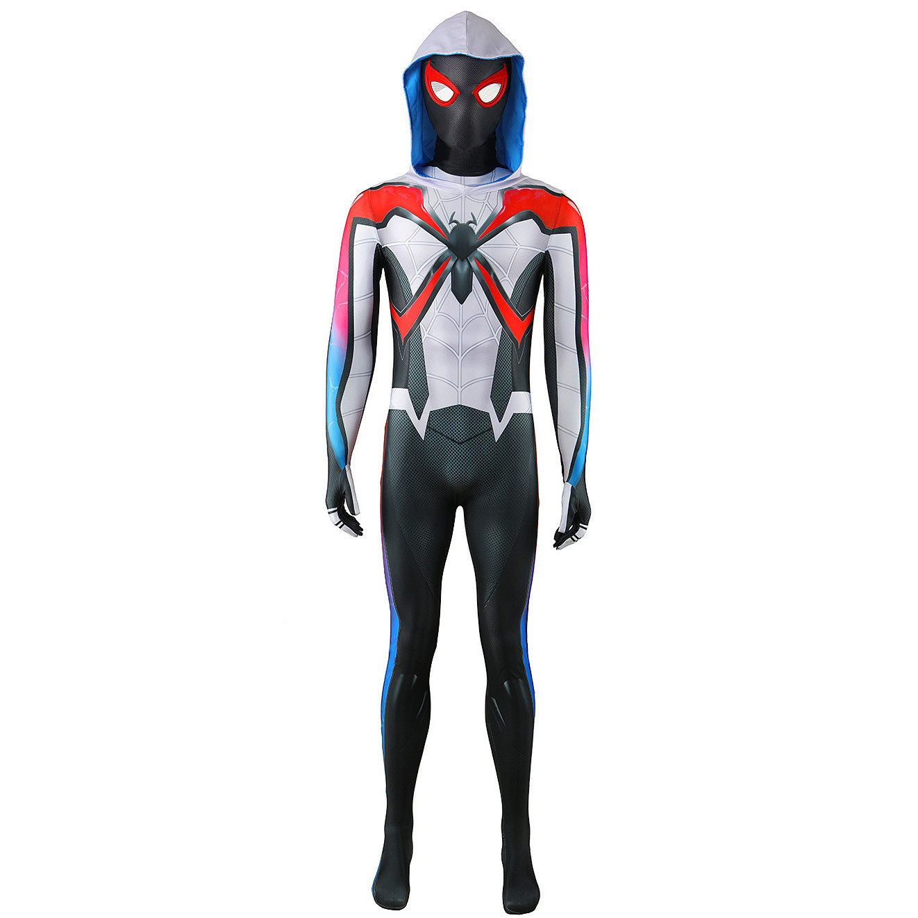 Spider-Man 2 Miles Morales Evolved Suit Style 1 Costume - White Bodysuit Hood Mask Set Miles Morales Spider-Man Cosplay