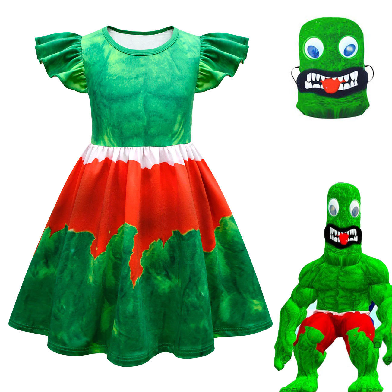 Girls Roblox Rainbow Friends Green Muscle Costume - Dress Mask Rainbow Friends Green Cosplay