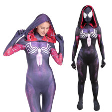 Marvel Comics Spider-Gwen Symbiote Black Costume - Black Purple Bodysuit Hood Spider-Gwen Cosplay
