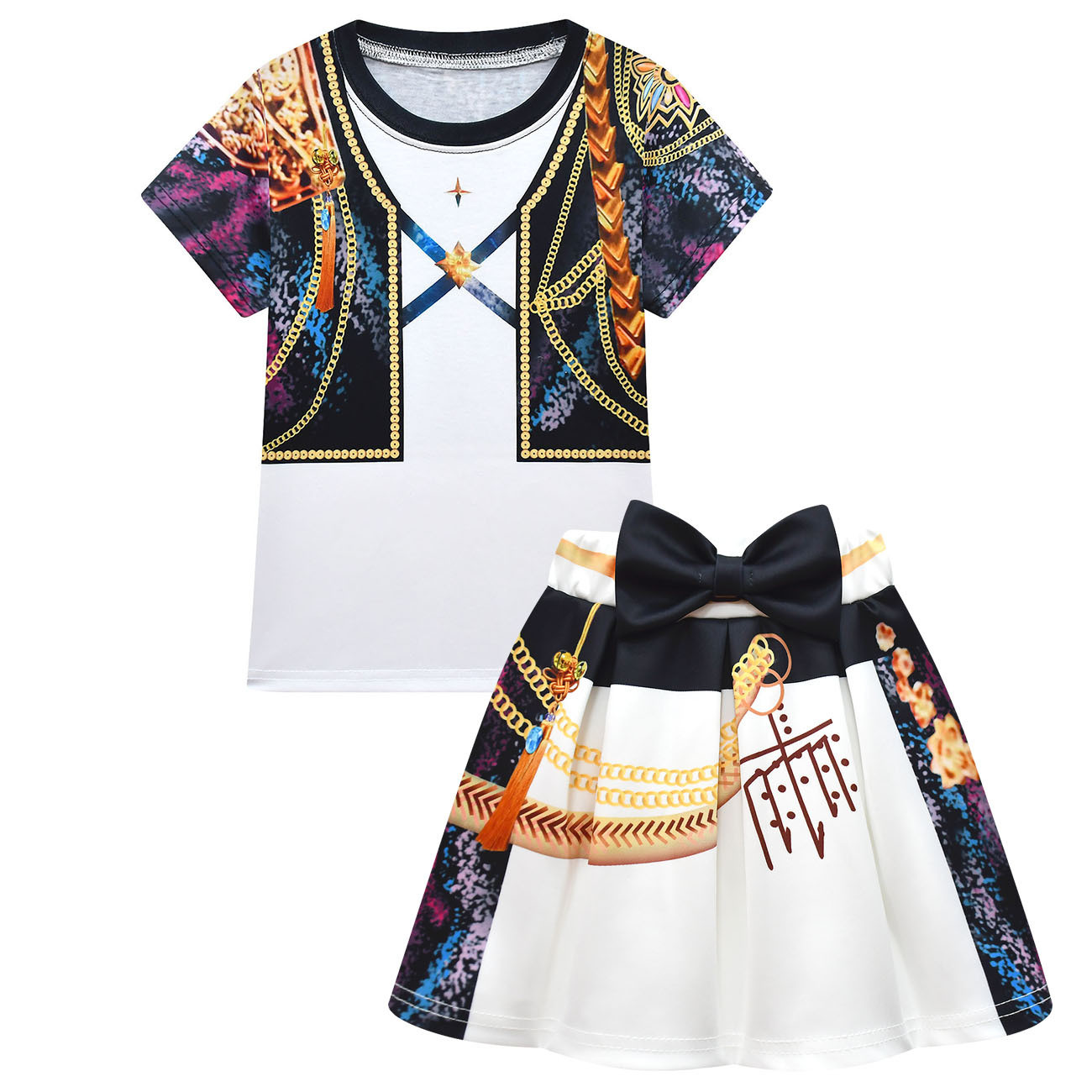 Girls K-Pop Demon Hunters Rumi Costume - Black White Gold Shirt Skirt Set Stage Outfit Rumi Cosplay